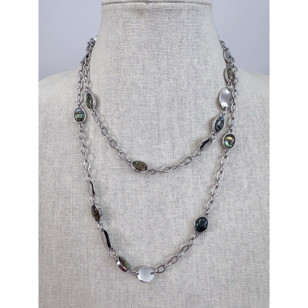 Lia Sophia "Aura" Silver Tone Necklace with Genuine Abalone Long 36-39”